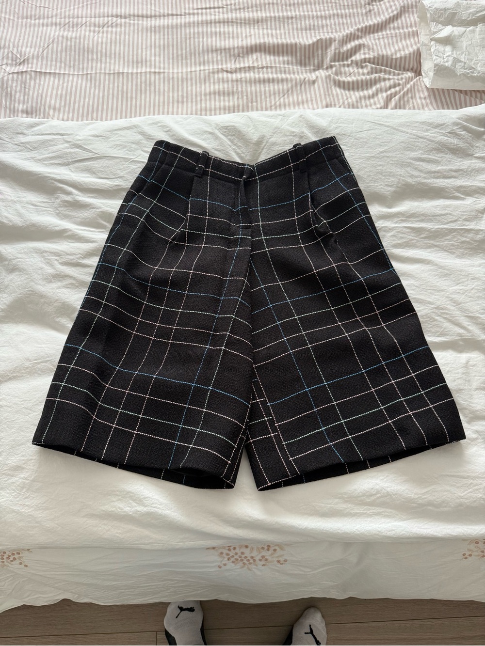 CHANEL Black Windowpane Plaid Bermuda Shorts with Blue & White Lines